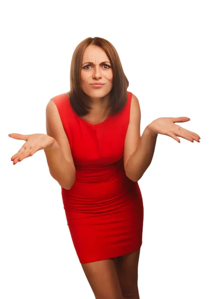 Dissatisfied with angry young woman haired girl in red dress emo — Stock Photo, Image