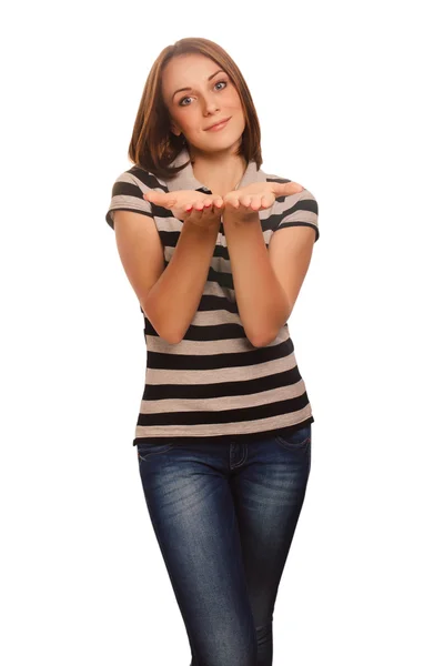 Šťastná dívka mladé portrét ženy ukazující otevřené dlaně držící isolat — Stock fotografie