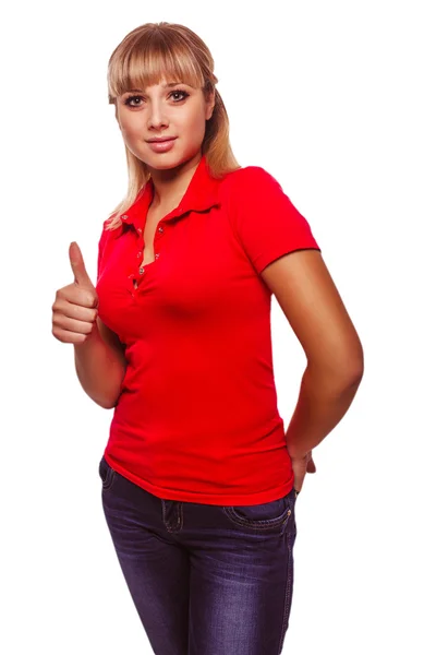 Mulher feliz jovem mostra sinal positivo polegares sim, em vermelho sh — Fotografia de Stock