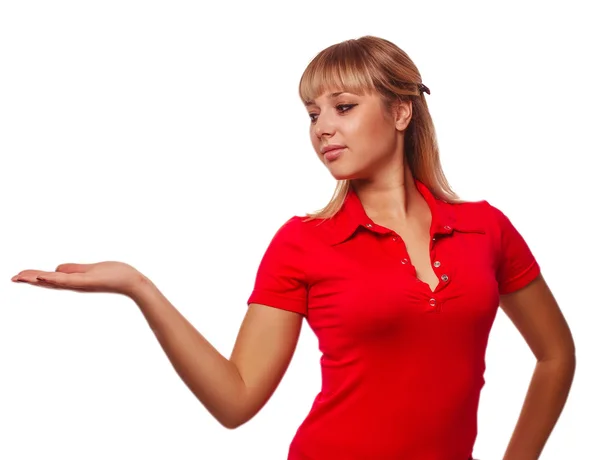 Menina retrato feliz jovem loira mulher mostrando mão aberta segurando — Fotografia de Stock