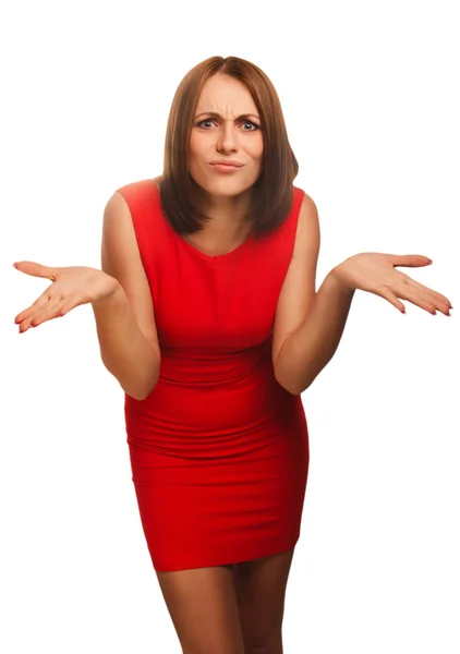 Nespokojený rozzlobený mladá žena tmavovlasá dívka v červených šatech emoce — Stock fotografie