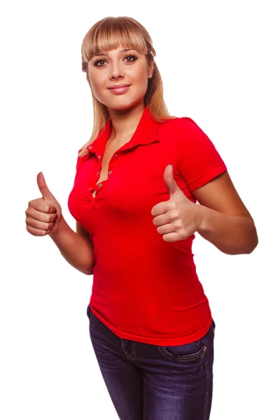 Menina feliz mulher jovem mostra positivo sinal polegares sim, em vermelho sh — Fotografia de Stock