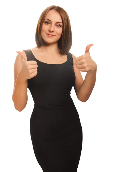 Happy young woman girl a shows positive studio sign thumbs yes,