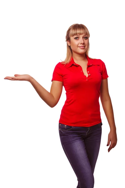 Retrato menina feliz jovem loira mostrando mão aberta segurando — Fotografia de Stock