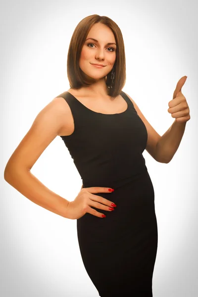 Portrait happy woman young girl shows positive sign thumbs yes, — Stock Photo, Image
