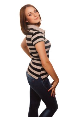 kadın kız Kahverengi saç çizgili yelek ve kot pantolon