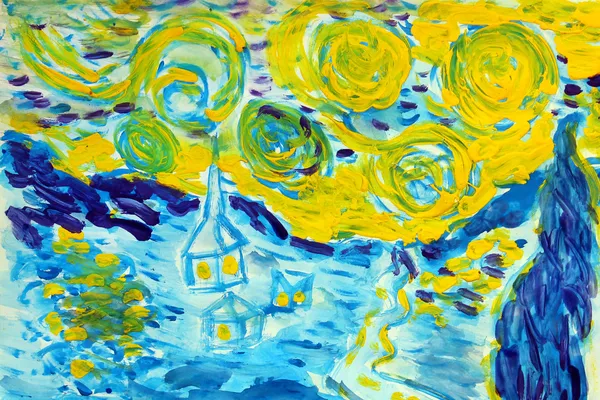 yıldızlı gece suluboya kış kar