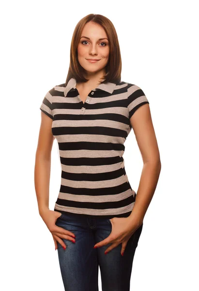Woman brown hair girl in striped vest and jeans — Stock Photo, Image