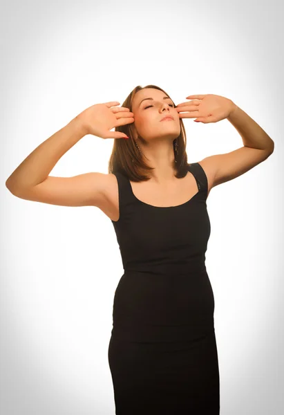 Mujer cansada joven estrés dolor de cabeza, celebración —  Fotos de Stock