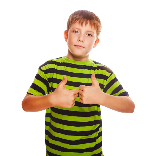 Boy striped blond shirt, holding fingers up — Stock Photo, Image