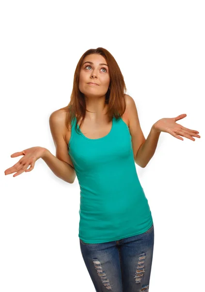 Woman throws her hands she did not surprised — Stock Photo, Image