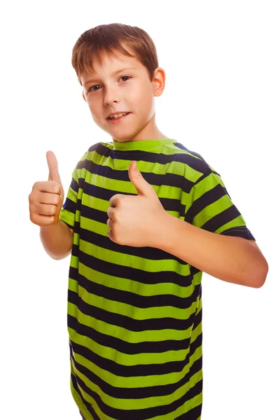 Toddler boy striped shirt, holding his fingers up — Stock Photo, Image