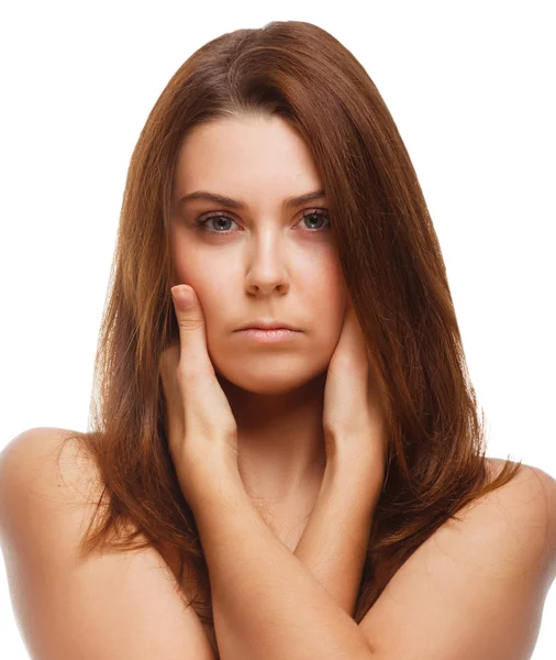 Face brunette woman girl covered her half hand isolated — Stock Photo, Image