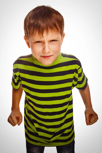 Angry child boy blond bully bad aggressive fights in striped gre — Stock Photo, Image