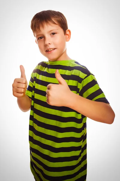 Blond child toddler boy in striped shirt, holding his fingers up — Stock Photo, Image