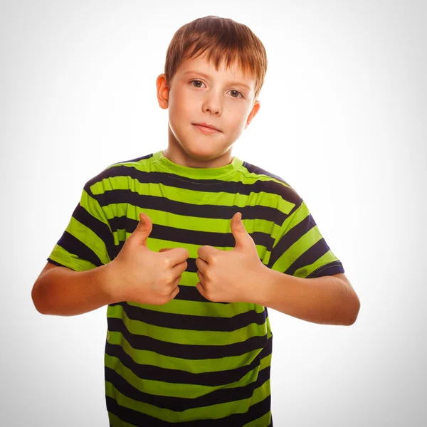 Niño niño a rayas camisa rubio niño, sosteniendo sus dedos hacia arriba, s — Foto de Stock