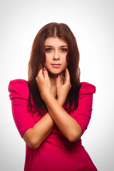 Woman brunette girl in pink dress — Stock Photo, Image