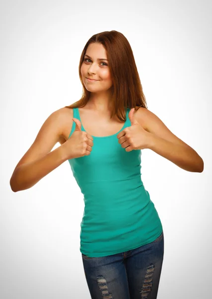 Woman girl shows positive sign thumbs yes, in — Stock Photo, Image
