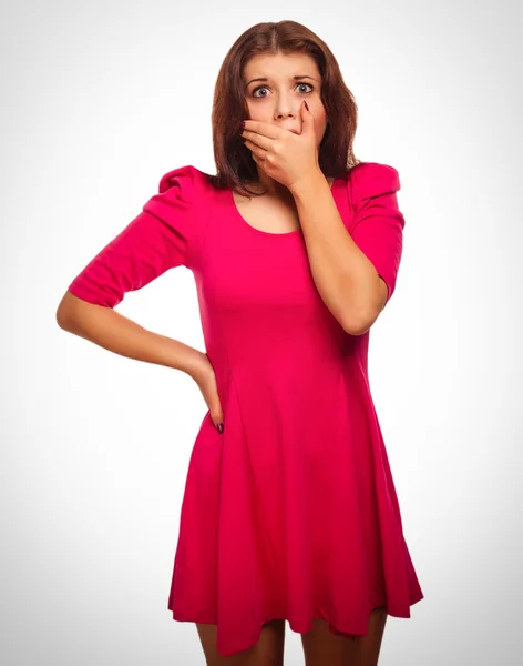 Woman surprised terrified experiences fear covered her mouth wit — Stock Photo, Image