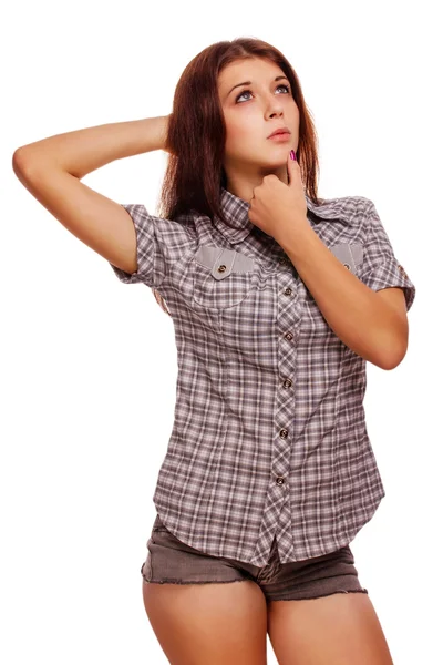 Vrouw opzoeken denken shirt broek geïsoleerd — Stockfoto