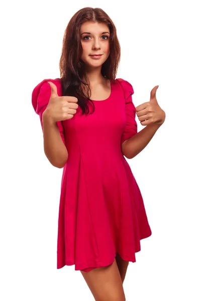 Vrouw meisje toont positief duimen ja geïsoleerd in een pi — Stockfoto