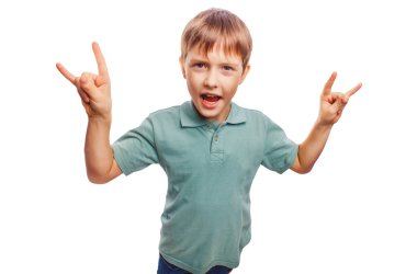 tiener jongen toont gebaar handen metalen rock duivel geïsoleerd op wh