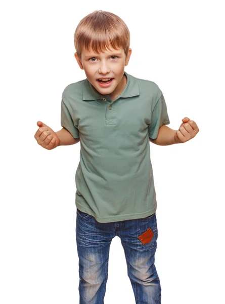 Happy teen excited teenage boy shows his hand so his fists isola — Stock Photo, Image