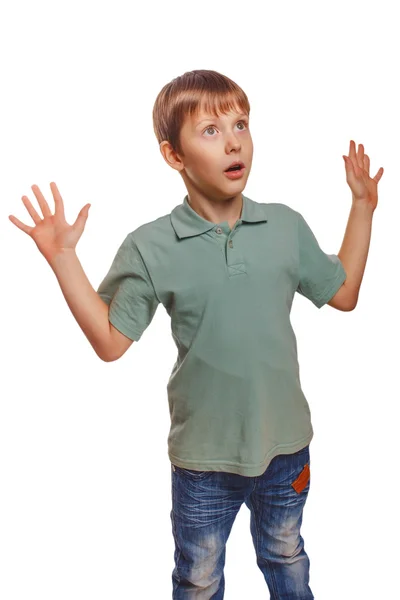 Raised his teen hands up child kid baby boy surprised surprise i — Stock Photo, Image