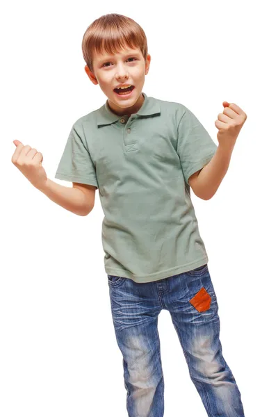 Adolescente excitado adolescente feliz chico muestra su mano por lo que sus puños isola —  Fotos de Stock