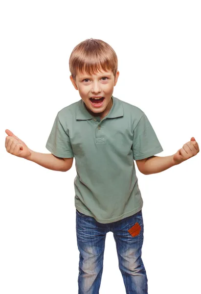 Teen happy excited teenage boy shows his hand so his fists isola — Stock Photo, Image