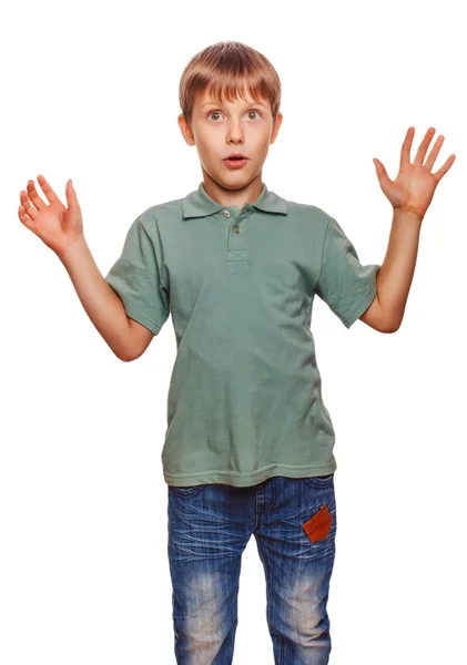 Teenager boy raised his hands up baby boy surprised isolated — Stock Photo, Image