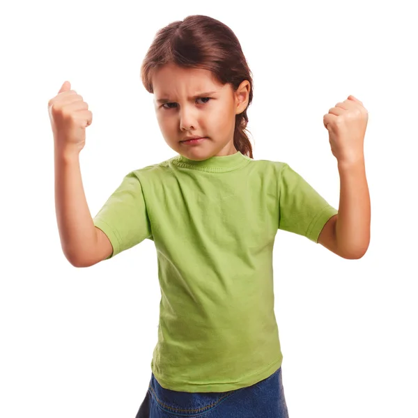 Angry evil girl shows fists experiencing anger — Stock Photo, Image