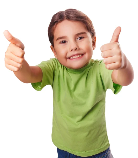 Dziecko dziewczynka emocje wywoływane jej kciuki uśmiechający się symbol wskazuje — Zdjęcie stockowe