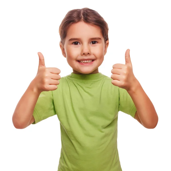 Baby girl raised her thumbs up smiling symbol indicates yes isol — Stock Photo, Image