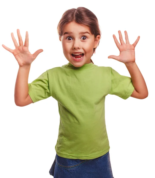 Girl little pleased joyful surprise spread her arms — Stock Photo, Image