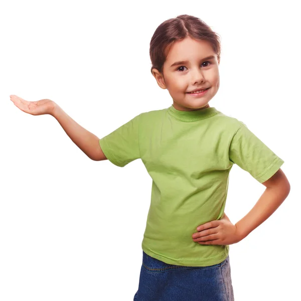 Bambina che tiene una palma aperta mano vuota isolata su ba bianca — Foto Stock