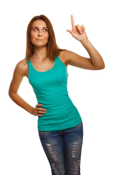 Woman girl presses point finger touches screen — Stock Photo, Image