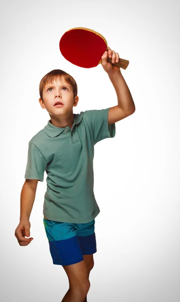 Blonďák chlapec hraje stolní tenis forehand bere topspin povz — Stock fotografie