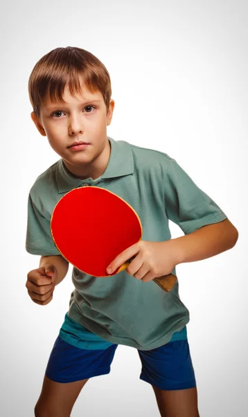 Boy blond ping pong man playing table tennis backhand takes tops — Stock Photo, Image