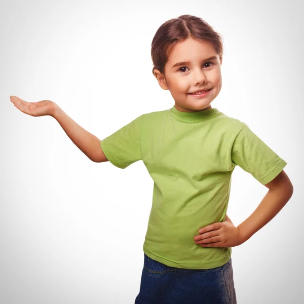 Little girl holding an open palm empty hand isolated on white ba — Stock Photo, Image