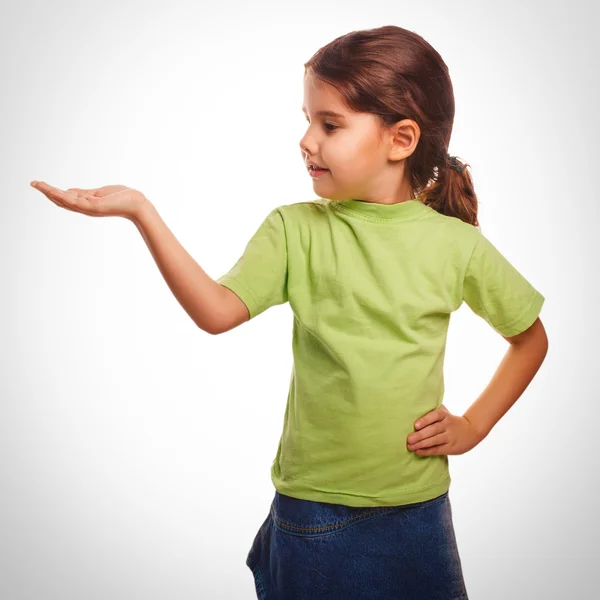 Little girl holding open palm empty hand emotion — Stock Photo, Image