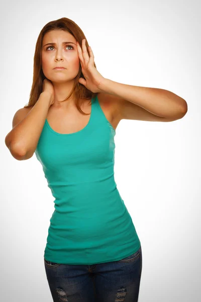 Pain stress tired woman headache, holding his hands behind head, — Stock Photo, Image