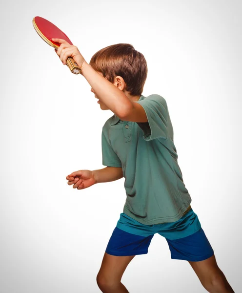 Ping pong boy blond man table tennis playing forehand takes tops — Stock Photo, Image