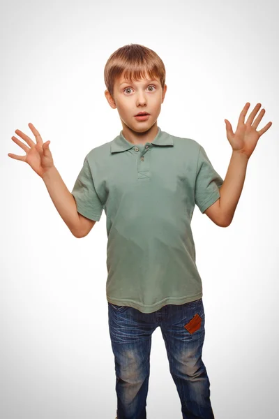 Raised teen his hands up child kid baby boy surprised surprise i — Stock Photo, Image