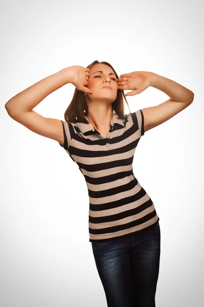 Stress mulher dor dor dor de cabeça cansada, de mãos dadas o seu traseiro cabeça , — Fotografia de Stock