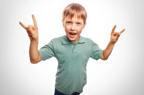 Teenager boy shows gesture hands metal rock devil emotion — Stock Photo, Image