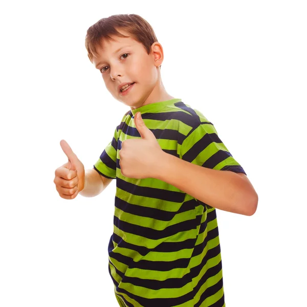 Boy toddler striped shirt, holding fingers up — Stock Photo, Image