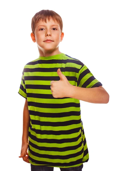 Loira criança menino listrado segurando os dedos para cima — Fotografia de Stock