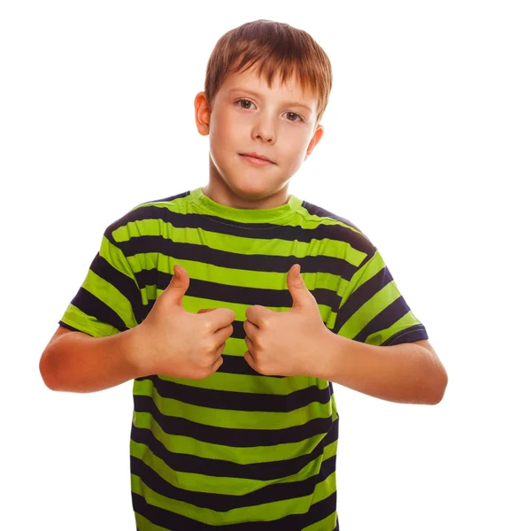 Boy striped blond toddler holding his fingers up — Stock Photo, Image