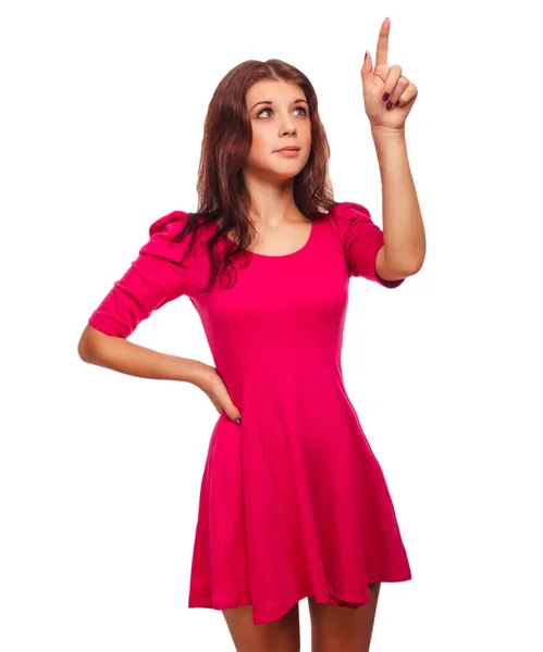 Surprised woman shows finger direction hand — Stock Photo, Image